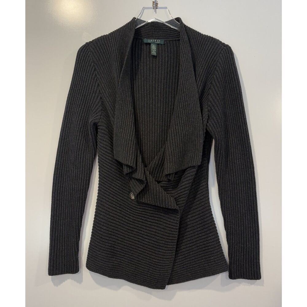 Lauren Ralph‎ Lauren Gray Ribbed Knit Cardigan Sweater Womens Size Medium (SU)